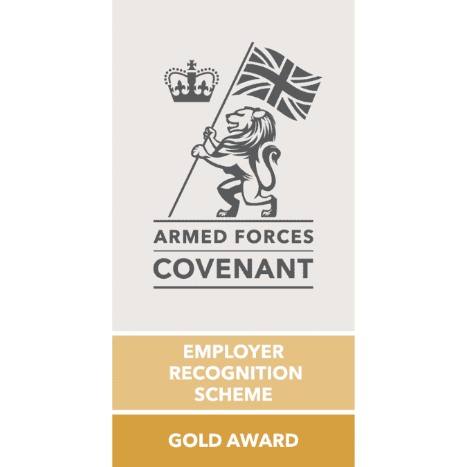 Logo featuring a lion holding a British flag with a crown above. Text reads "Armed Forces Covenant," "Employer Recognition Scheme," "Gold Award."