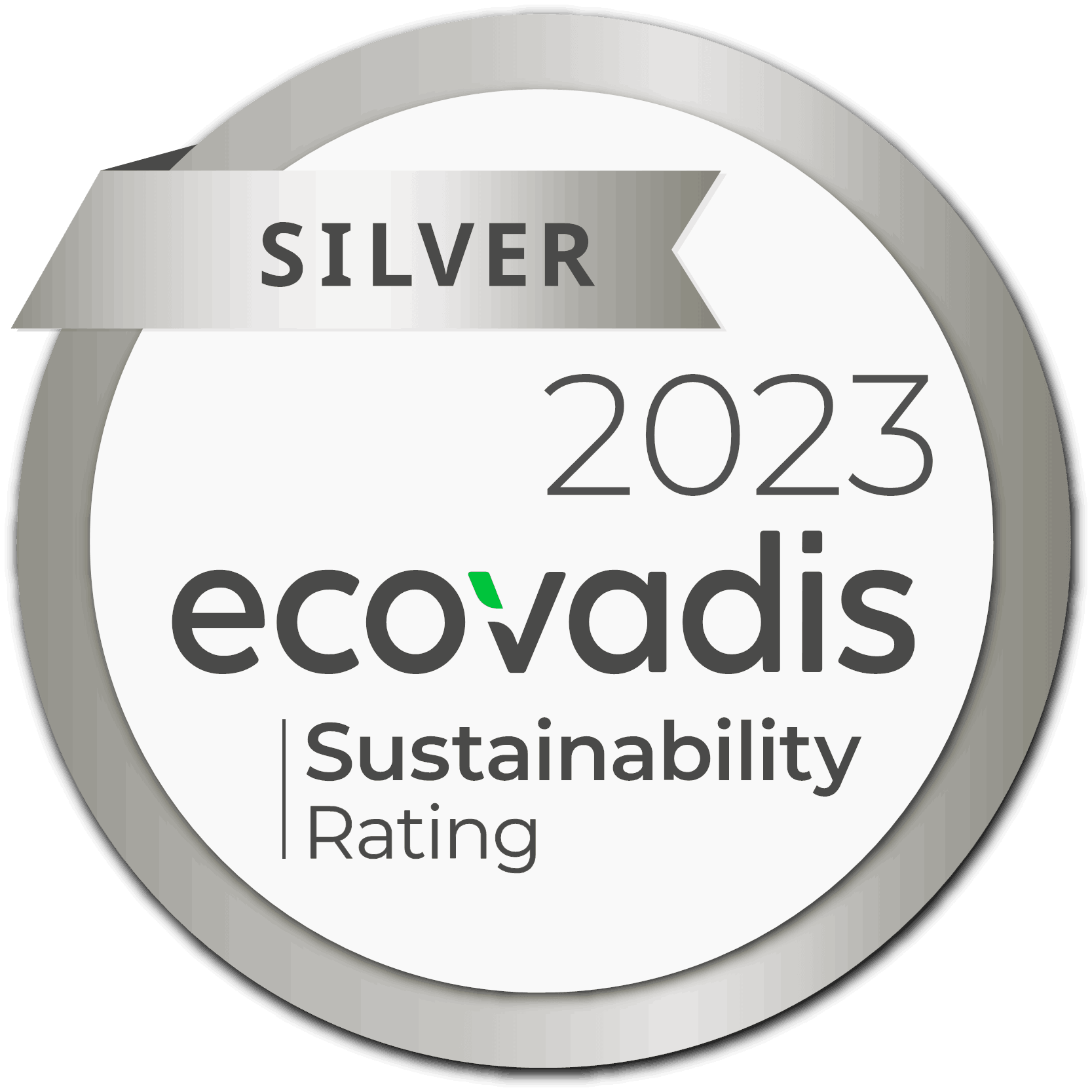 Silver EcoVadis 2023 Sustainability Rating badge with a gray ribbon and circular design.