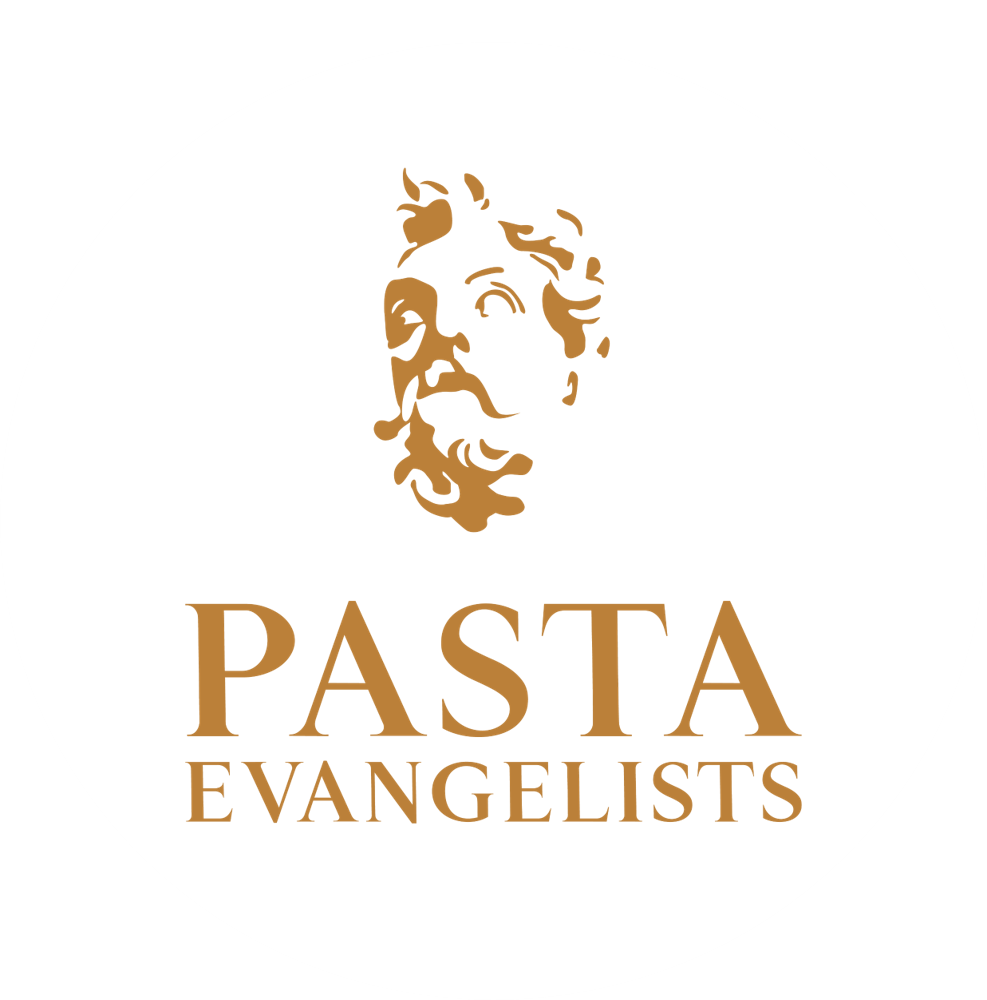 Logo of "Pasta Evangelists" with a stylised, classical face above the text on a white background.