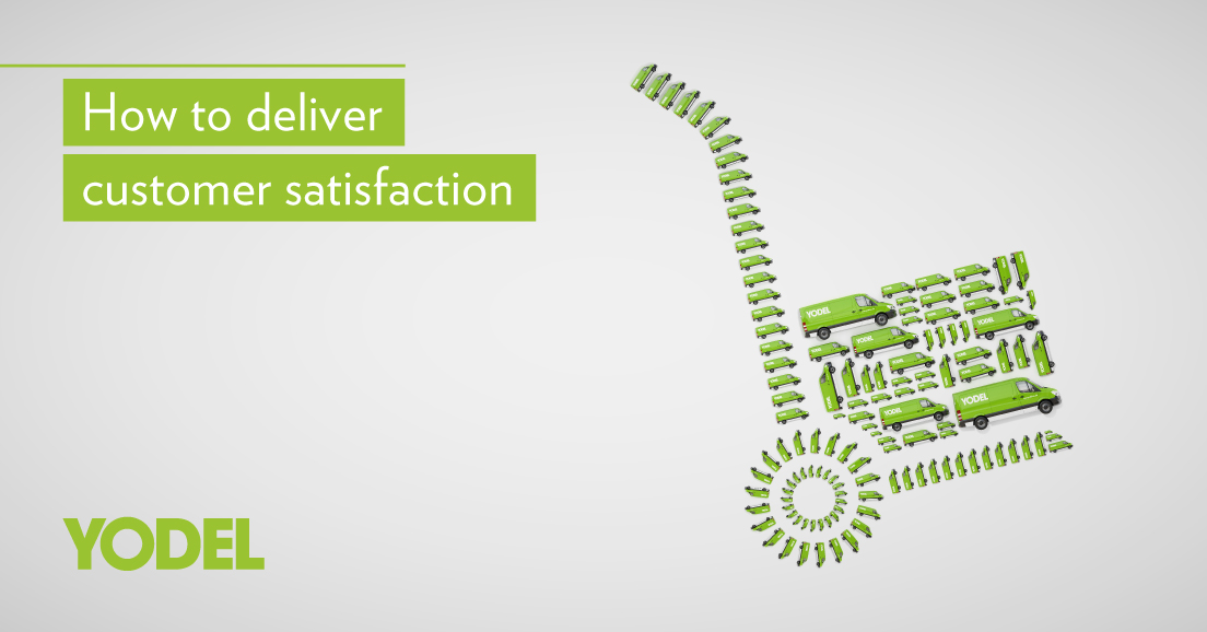 Green delivery trucks arranged in the shape of a sack barrow "How to deliver customer satisfaction" next to it.